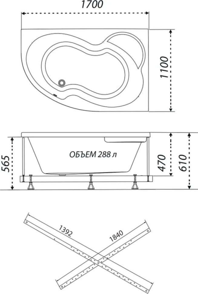 Акриловая ванна Triton Мари L 170x110 см, угловая, левая, пристенная, белая, асимметричная, с каркасом
