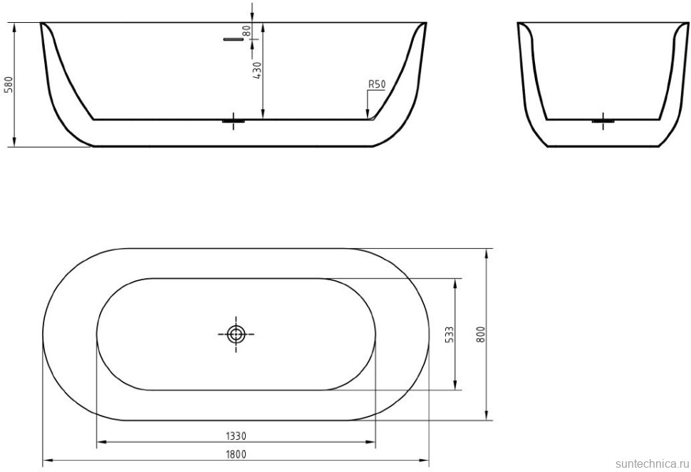 Акриловая ванна BelBagno BB706-1800-800 180x80 см, отдельностоящая, белая, овальная, со сливом-переливом, с донным клапаном