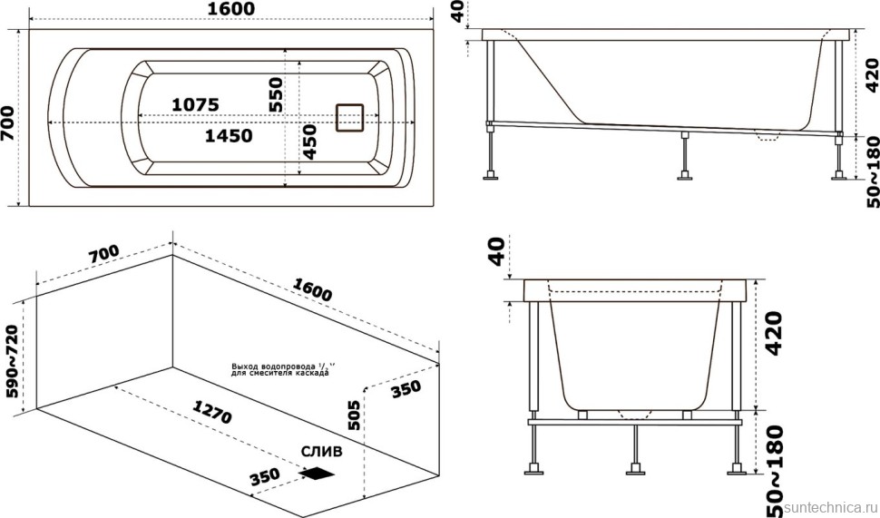 Акриловая ванна Bas Аякс 160x70 см, пристенная, белая + ремкомплект Good Door