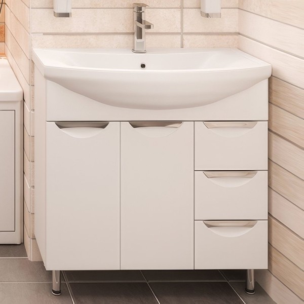 Тумба под раковину Emmy Милли 80 белая глянцевая, 3 ящика