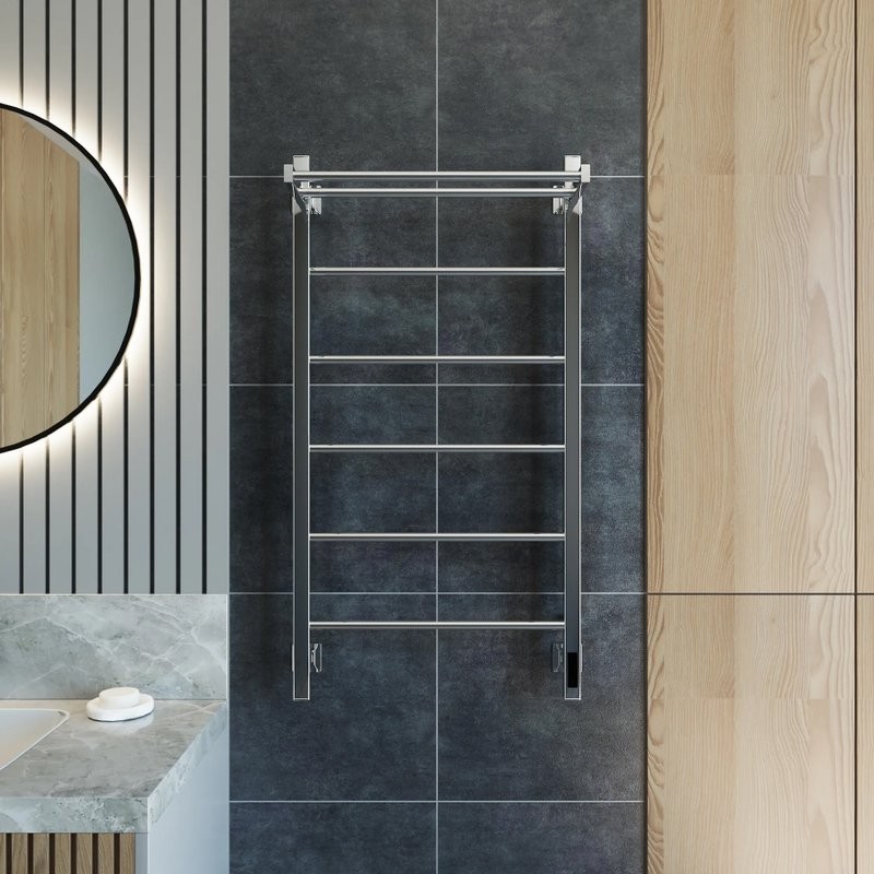 Полотенцесушитель электрический Grota App 530х1000 NP EL 100x55 см, подключение справа, слева, скрытое подключение справа, глянцевый хром, лесенка, с полкой