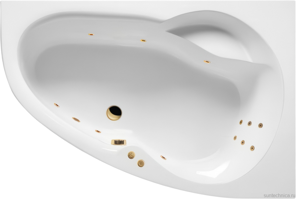 Акриловая ванна Excellent Newa Line R 160x95 см, угловая, правая, встраиваемая, с гидромассажем, белая, асимметричная, с каркасом, с сиденьем, со сливом-переливом, фурнитура золото