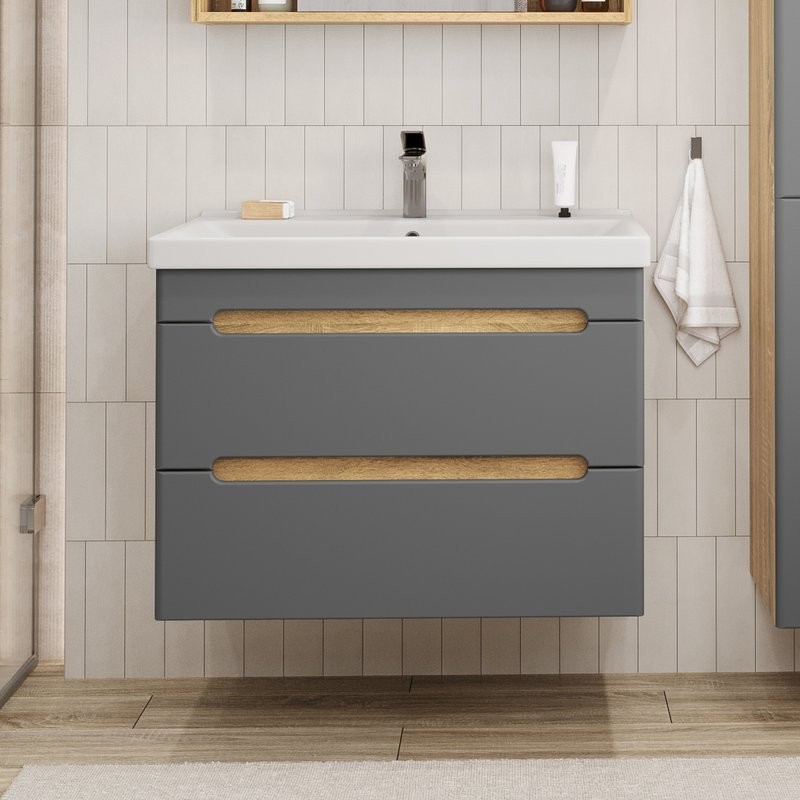 Тумба с раковиной SanStar Diva 80 подвесная, графит софт, дуб вотан, раковина Fest 80