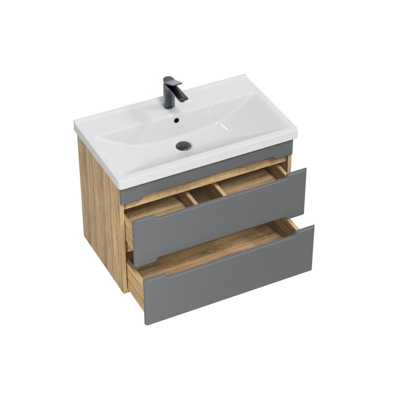 Тумба с раковиной SanStar Diva 80 подвесная, графит софт, дуб вотан, раковина Fest 80