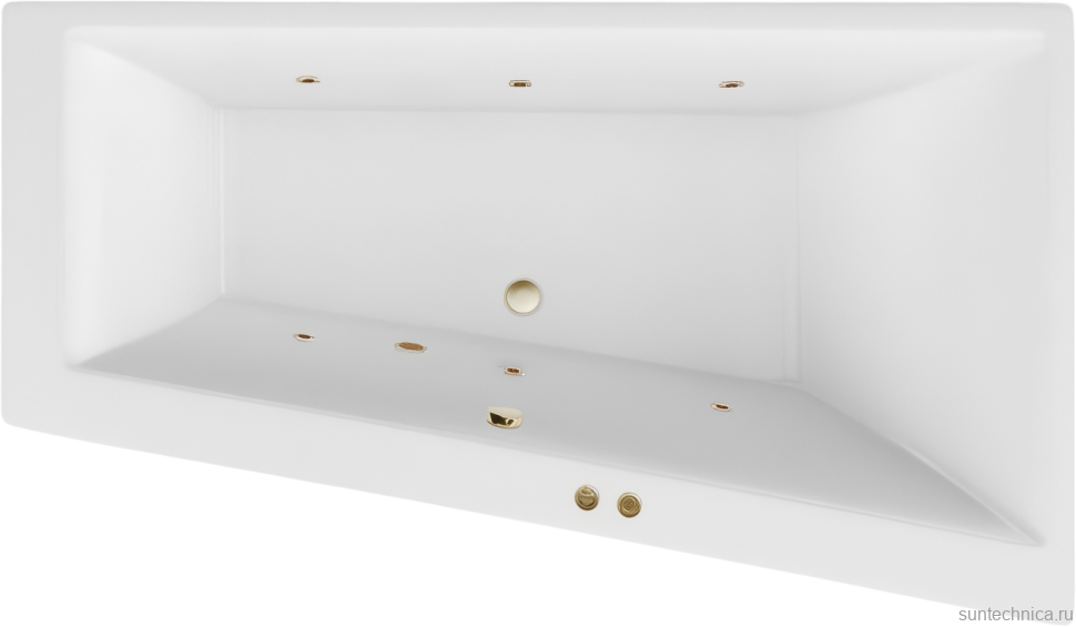 Акриловая ванна Excellent Sfera Soft R 170x100 см, угловая, правая, встраиваемая, с гидромассажем, белая, асимметричная, с каркасом, со сливом-переливом, фурнитура бронза