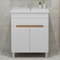 Тумба с раковиной SanStar Модена 70 напольная, глянцевая белая, дуб вотан, раковина Como 70