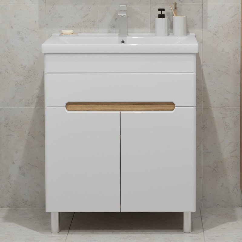 Тумба с раковиной SanStar Модена 70 напольная, глянцевая белая, дуб вотан, раковина Como 70