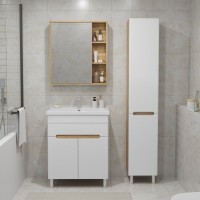 Тумба с раковиной SanStar Модена 70 напольная, глянцевая белая, дуб вотан, раковина Como 70