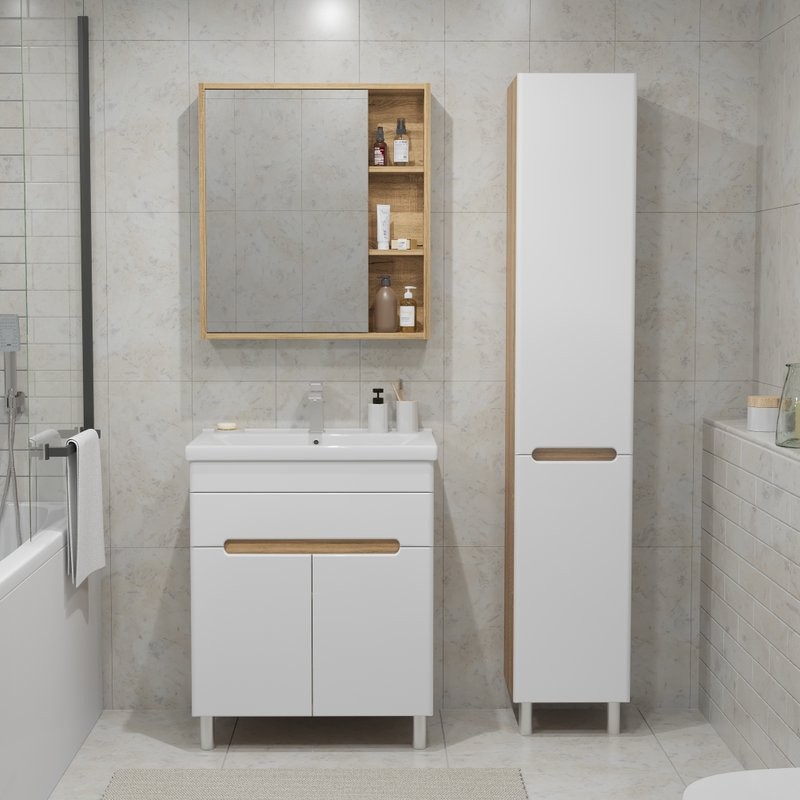 Тумба с раковиной SanStar Модена 70 напольная, глянцевая белая, дуб вотан, раковина Como 70