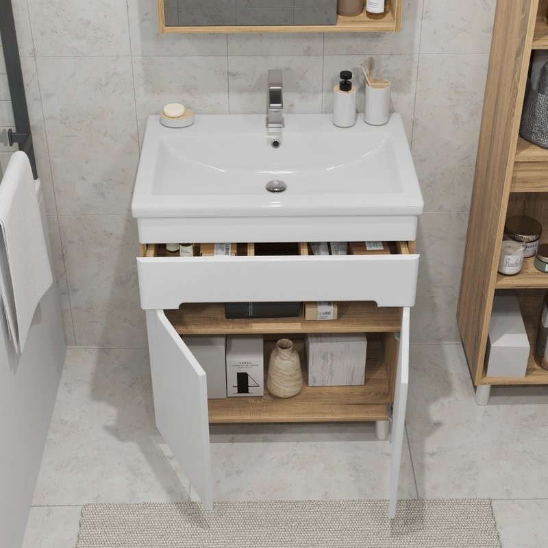 Тумба с раковиной SanStar Модена 70 напольная, глянцевая белая, дуб вотан, раковина Como 70