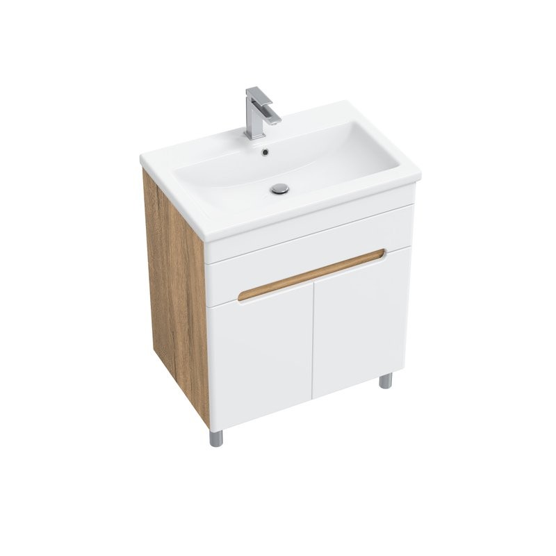 Тумба с раковиной SanStar Модена 70 напольная, глянцевая белая, дуб вотан, раковина Como 70