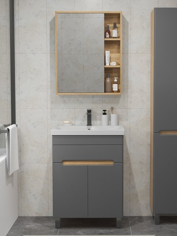 Мебель для ванной комнаты SanStar Модена 50 напольная, графит софт, дуб вотан, раковина Moduo 50
