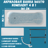 Акриловая ванна 1MarKa Classic А Стандарт 1+ 160x70 см, пристенная, белая, на ножках, с экраном, со сливом-переливом