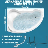 Акриловая ванна 1MarKa Catania L Стандарт 2 150x105 см, угловая, левая, встраиваемая, белая, асимметричная, с каркасом, с сиденьем, со сливом-переливом