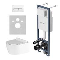 Комплект Унитаз подвесной Damixa Jupiter DX77C1700SC безободковый, с микролифтом + Инсталляция AM.PM ErgoFit I012711.0301 с кнопкой ErgoFit M белый глянец