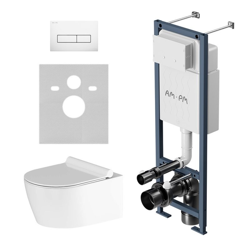 Комплект Унитаз подвесной Damixa Jupiter DX77C1700SC безободковый, с микролифтом + Инсталляция AM.PM ErgoFit I012711.0301 с кнопкой ErgoFit M белый глянец