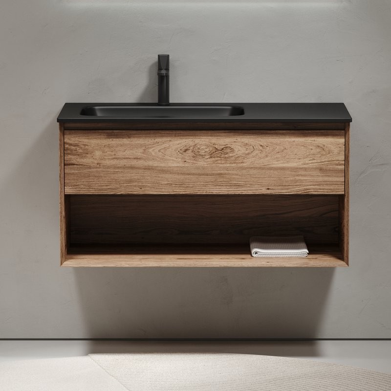 Тумба с раковиной Sancos Marmi 1.0 100 L черная раковина, дуб чарльстон