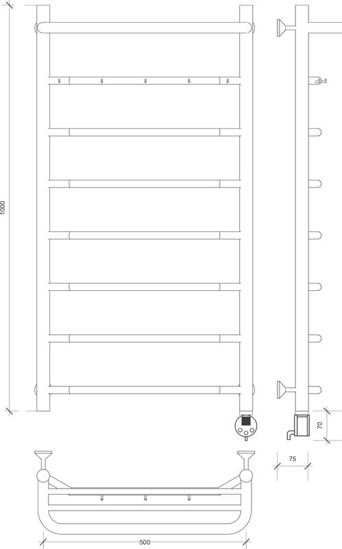 Полотенцесушитель электрический Secado Агата 1 КСП 105x55 см, подключение справа, глянцевый хром, лесенка, с полкой