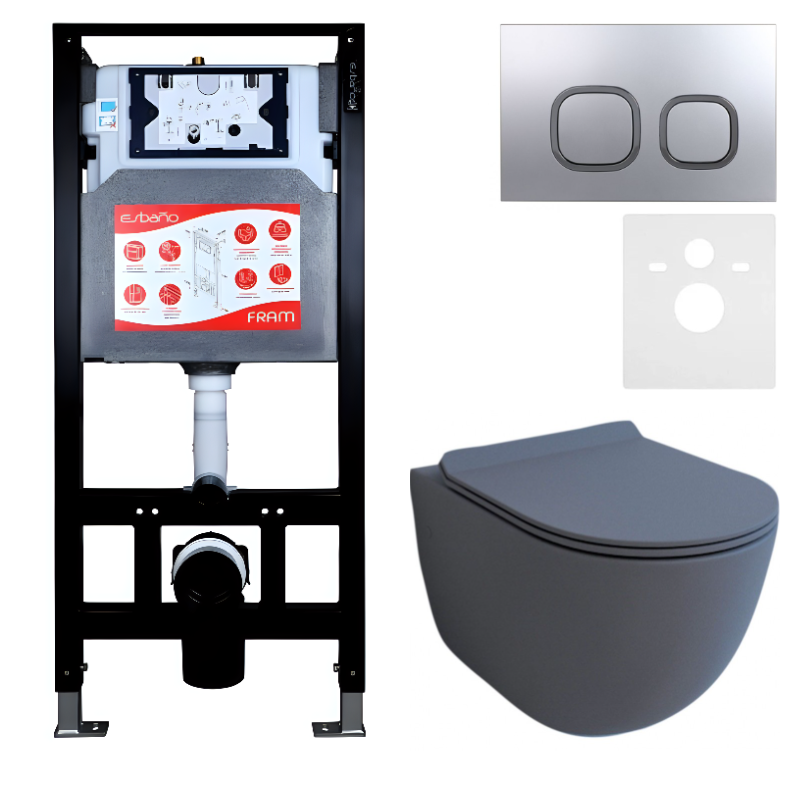 Комплект Унитаз подвесной Esbano Garcia ESUPGARCGM матовый серый + Инсталляция Fram + Кнопка ESINLPS10MC
