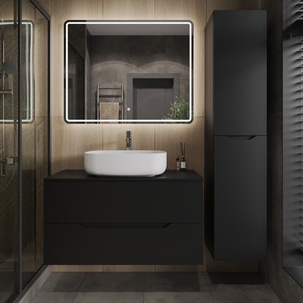 Мебель для ванной комнаты Orange Line 100 подвесная, 2 ящика, матовая черная с раковиной B07-540W