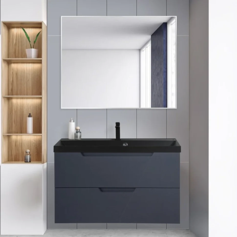 Мебель для ванной комнаты BelBagno Vittoria 90 подвесная, grigio opaco, черная матовая раковина