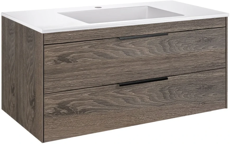Мебель для ванной комнаты Vincea Chiara 2D 100, 2 ящика, темный дуб, с белой раковиной