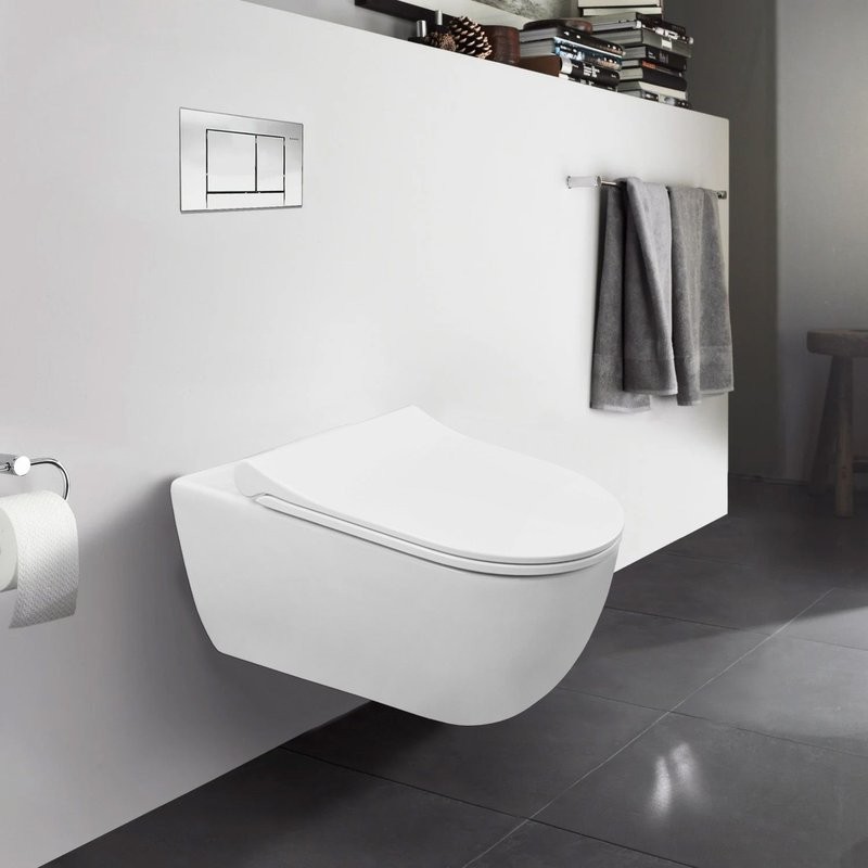 Унитаз подвесной безободковый Azario FERIO 87565 в комплекте с быстросъемным сиденьем микролифт, горизонтальный выпуск, система антивсплеск