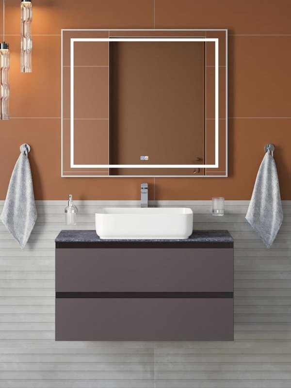 Мебель для ванной комнаты BelBagno Kraft 90 подвесная, матовая темно-серая, столешница kep-90-grn, раковина BB1304