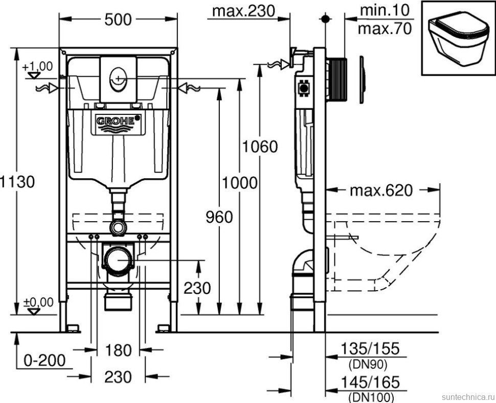 Комплект Унитаз подвесной Bien Ion безободковый, с биде + Инсталляция Grohe Rapid SL 38750001 4 в 1 с кнопкой смыва