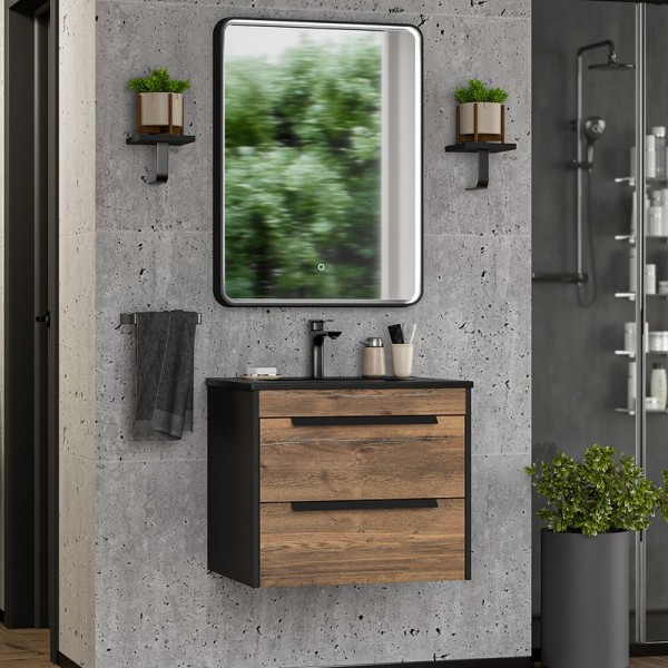 Мебель для ванной комнаты Brevita Monsour 60 подвесная, дуб галифакс олово, черный кварц