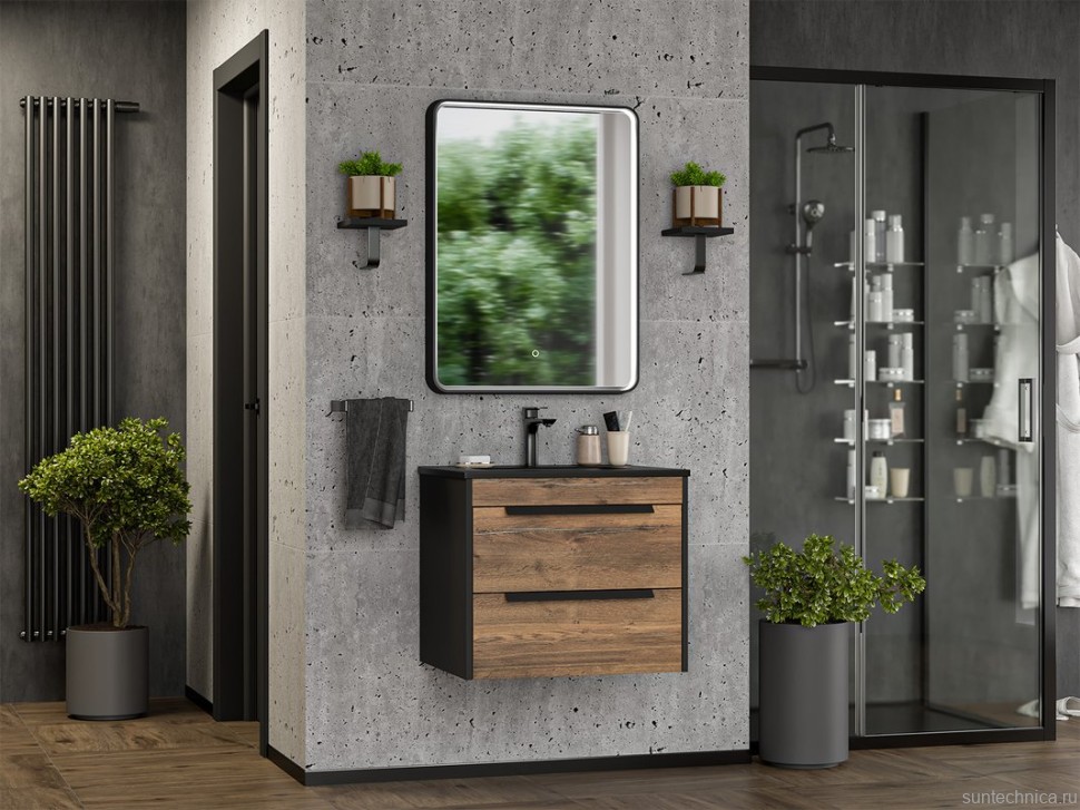 Мебель для ванной комнаты Brevita Monsour 60 подвесная, дуб галифакс олово, черный кварц