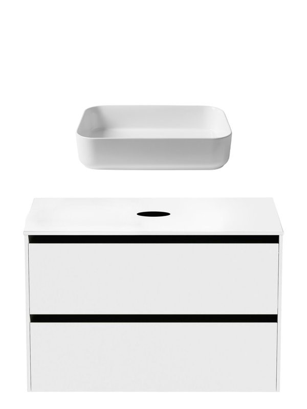 Тумба с раковиной Allen Brau Activity 90 с подсветкой, матовый белый, черный браш, столешница белая, раковина Fantasy Quad 50x36, белая