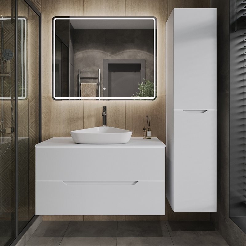 Тумба с раковиной Orange Line 100 подвесная, 2 ящика, матовая белая с раковиной B07-500W