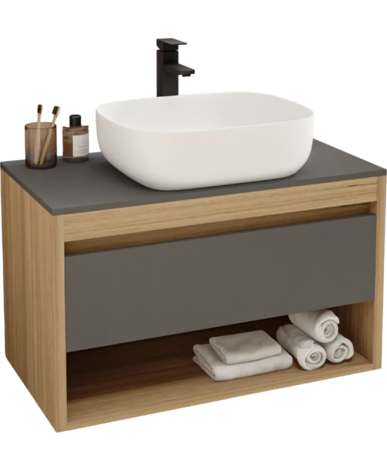Тумба с раковиной Teymi Ritta 85 дуб эврика, матовый графит, раковина Solli 50
