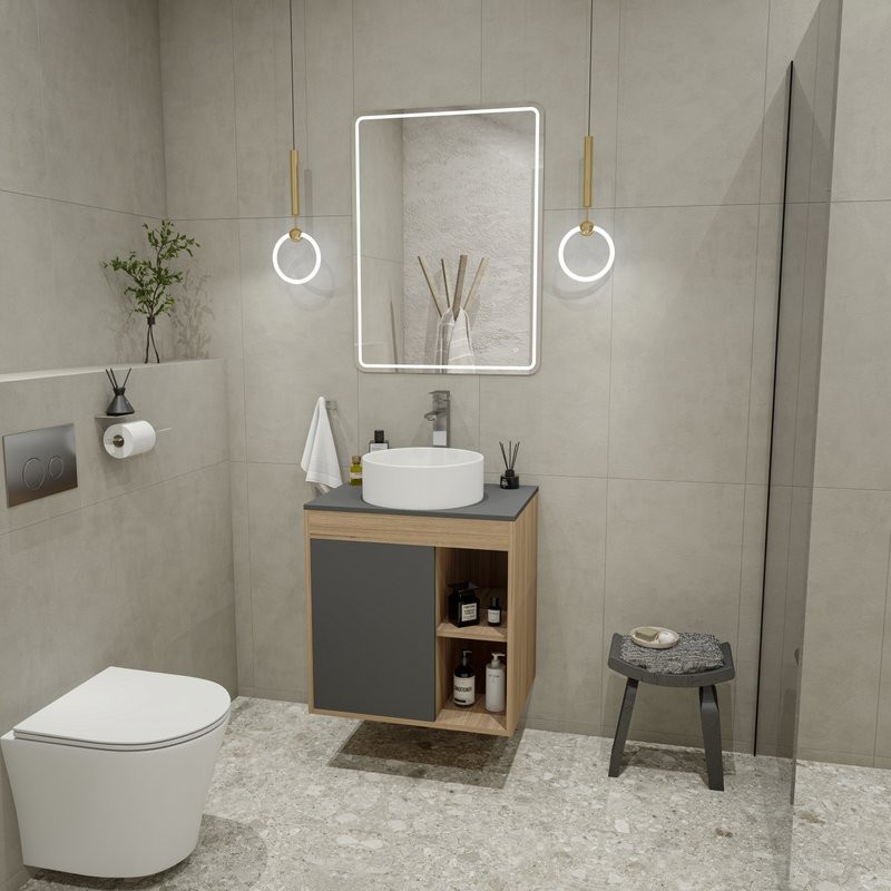 Тумба с раковиной Teymi Nura 60 дуб эврика, матовый графит, раковина Lina D35