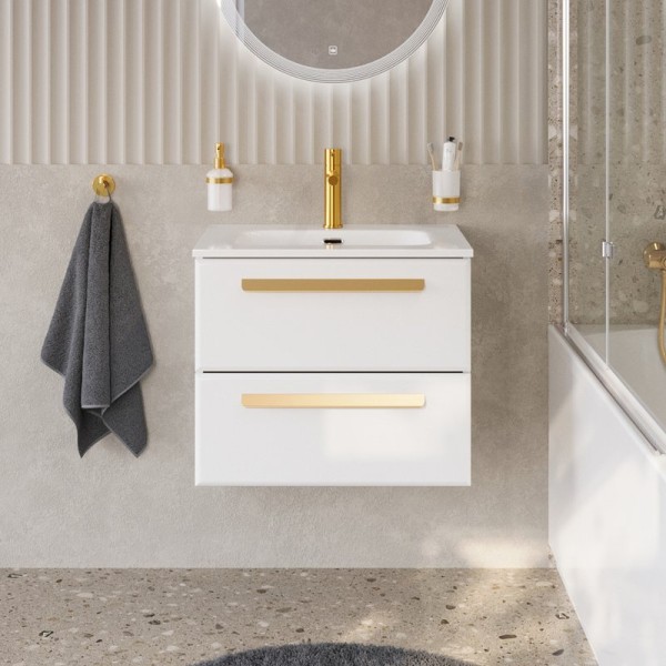 Тумба с раковиной Cezares Eco Cer-N 60 bianco lucido, раковина Eco 60, ручки сатиновое золото