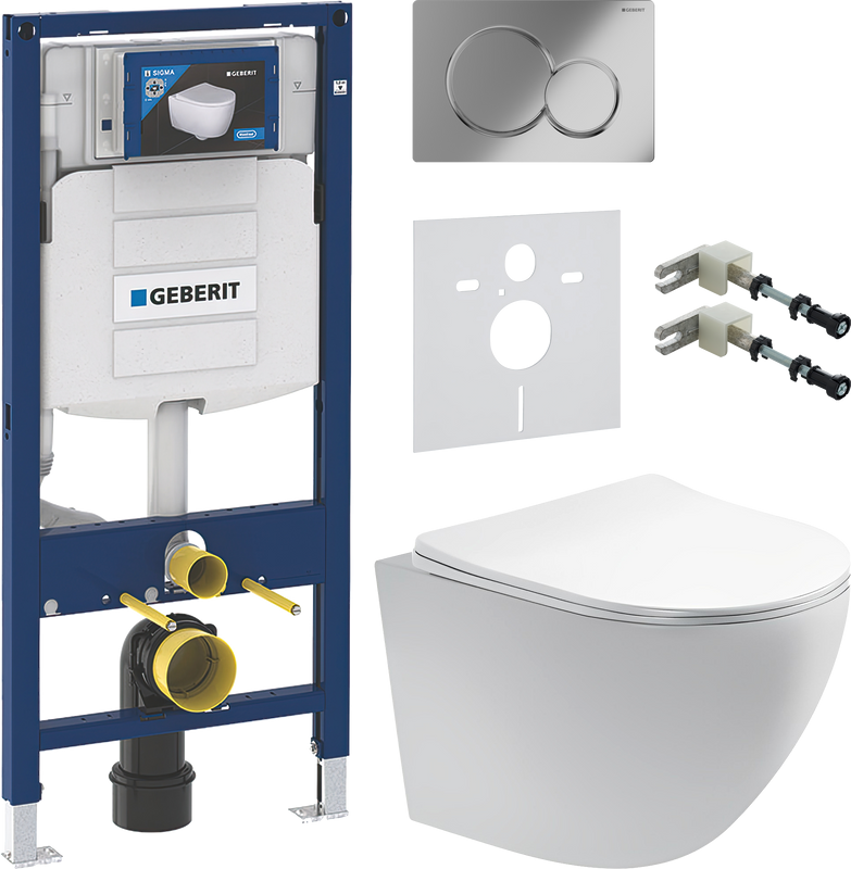 Комплект Унитаз подвесной AQUATEK Европа AQ1900-00 безободковый + Крепления Geberit Duofix 111.815.00.1 к стене + Звукоизоляция + Инсталляция UP 320 111.300.00.5 + Кнопка Sigma 01 115.770.21.5 хром