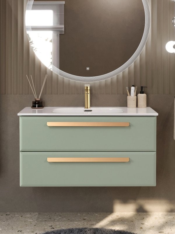 Тумба с раковиной Cezares Eco-Cer-N 100 светло-зеленая матовая, раковина CZR-8095-100, ручки сатиновое золото