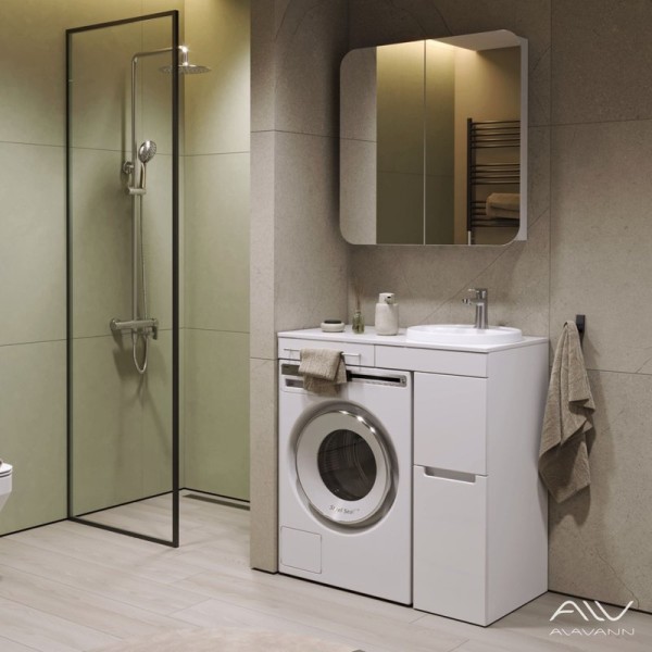Мебель для ванной комнаты Alavann Cosmetic 95 L/R под стиральную машину, напольная, глянцевая белая