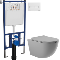 Комплект Унитаз подвесной Aqueduto Ovo OVO0130 безободковый, с микролифтом, серый матовый + Инсталляция DIWO + Кнопка 7320 белая