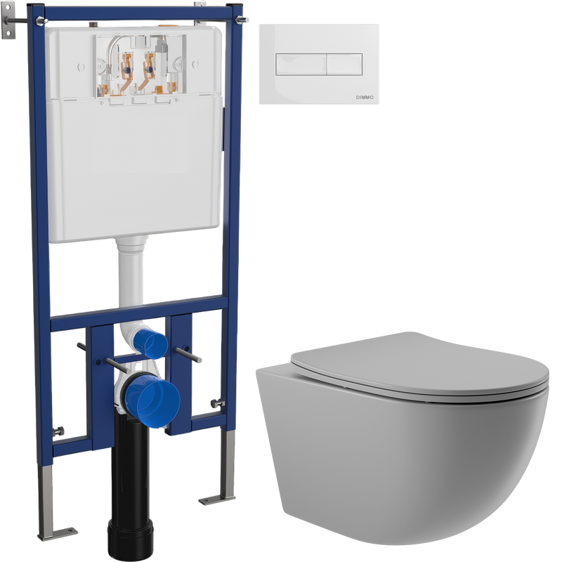 Комплект Унитаз подвесной Aqueduto Ovo OVO0130 безободковый, с микролифтом, серый матовый + Инсталляция DIWO + Кнопка 7320 белая