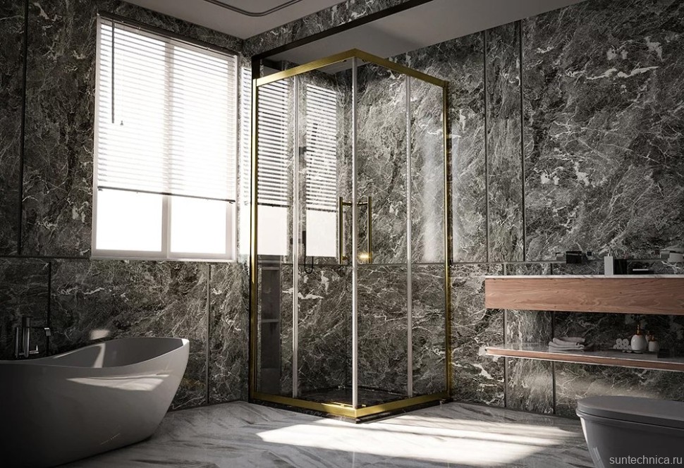 Душевой уголок Veconi Premium Trento PTC-20G 100x90, профиль брашированное золото, стекло прозрачное