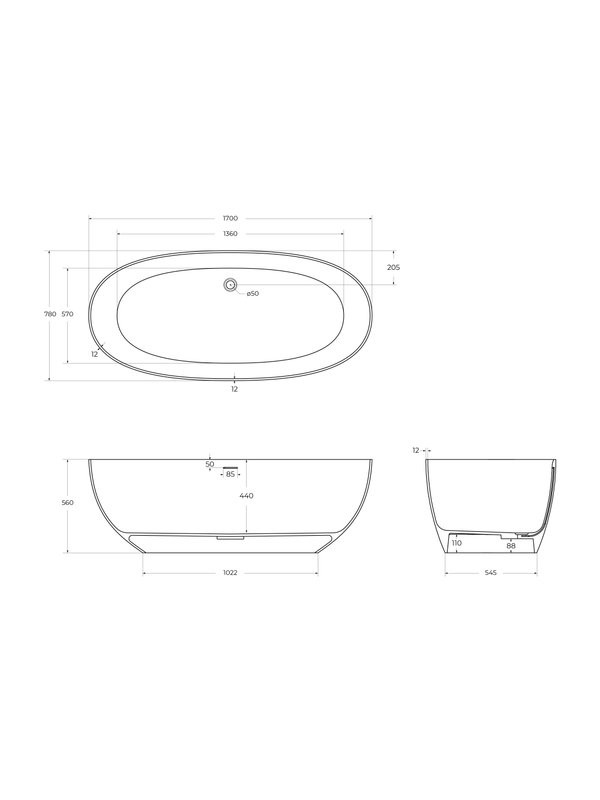 Ванна из искусственного камня Cezares Stream Solid Surface 170x80 см, отдельностоящая, матовая белая, овальная, с донным клапаном