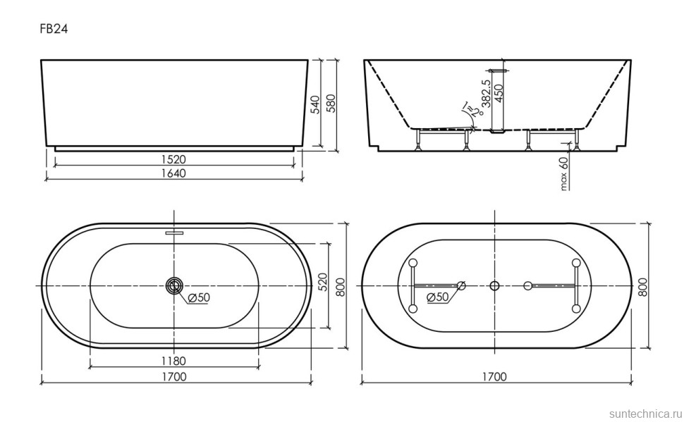 Акриловая ванна Vivia 1700x800x580, отдельностоящая, FB24