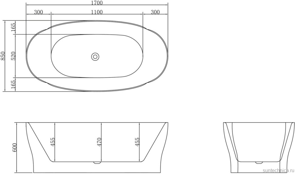 Акриловая ванна BelBagno BB403-1700-850 без опоры 170x85 см, отдельностоящая, белая, овальная, со сливом-переливом