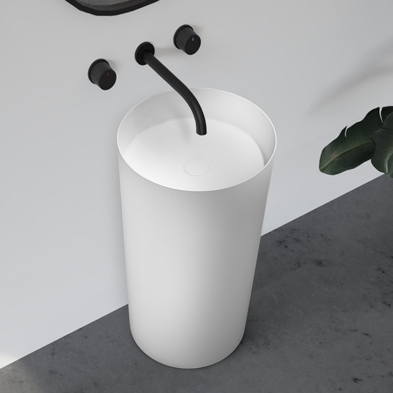 Раковина напольная Abber Stein AS2506-H 45 матовая белая, круглая, моноблок, искусственный камень