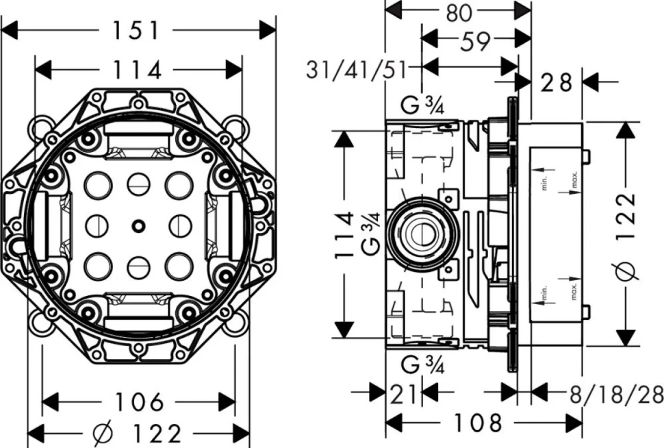 Термостатический смеситель встраиваемый Hansgrohe Ecostat E 15708000 С ВНУТРЕННЕЙ ЧАСТЬЮ, хром
