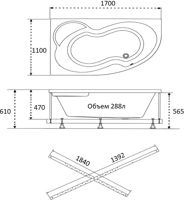 Акриловая ванна Triton Мари R 170x110 см, угловая, левая, пристенная, белая, асимметричная, с каркасом