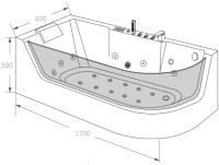 Акриловая ванна Grossman GR-17000 170x80 см, угловая, левая, пристенная, с гидромассажем, белая, асимметричная, с каркасом, со смесителем, со сливом-переливом, с подсветкой, с подголовником