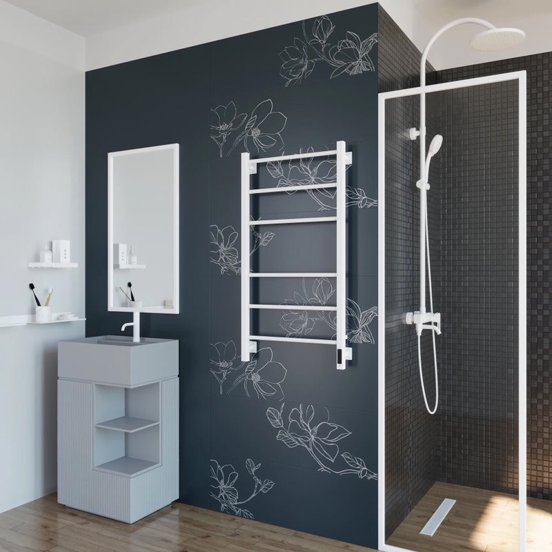 Полотенцесушитель электрический Grota Costa 530х1000 RAL9016 EL 100x55 см, подключение справа, слева, скрытое подключение справа, матовый белый, лесенка, из стали